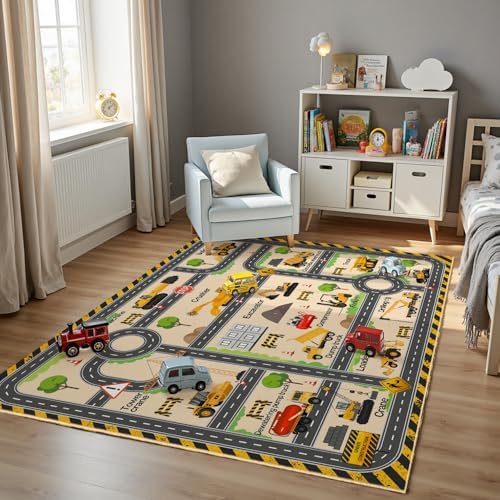 Kids Construction Playroom Rug, Faux Wool Excavator Map, Non-Slip, 4 x 6 ft - Image 3