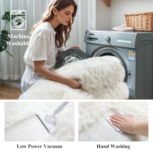 Ivory Cream Fluffy Shag Runner Rug, 2'x6', Washable Non Slip Plush Carpet - Image 5