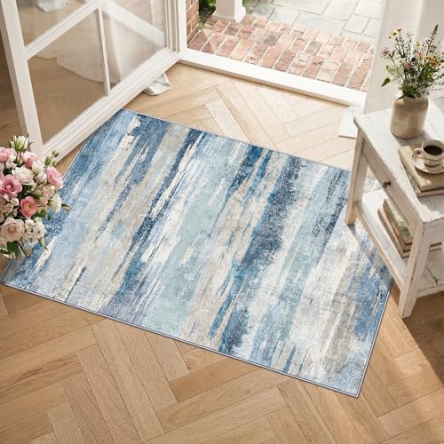 Small Area Rug 2x3 Washable - Modern Abstract Entryway Rugs with Non Slip Backing Low Pile Carpet for Kitchen Living Room Bedroom Soft Indoor Accent Pattern Home Decor Floor Mat for Bathroom 2x3 Blue by YOUFORTONG