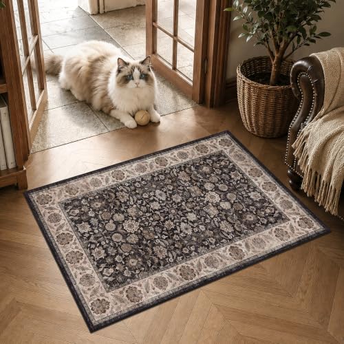 Washable 2x3 Entryway Soft Area Rug Vintage Charcoal Beige Door Mat by HOME
