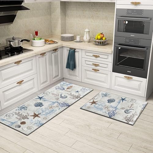 Nautical Kitchen Rug Set of 2,Ocean Themed Kitchen Decor Vintage Beach Kitchen Mat Non-Slip Washable, Farmhouse Kitchen Decor Anti Fatigue Floor Mat for Kitchen Laundry Room,17x30+17x47 Inch - Image 4