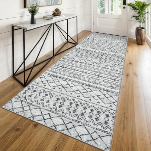 KUTA Boho Runners for Hallways 3x8 Grey Moroccan Washable Runner Rug by KUTA