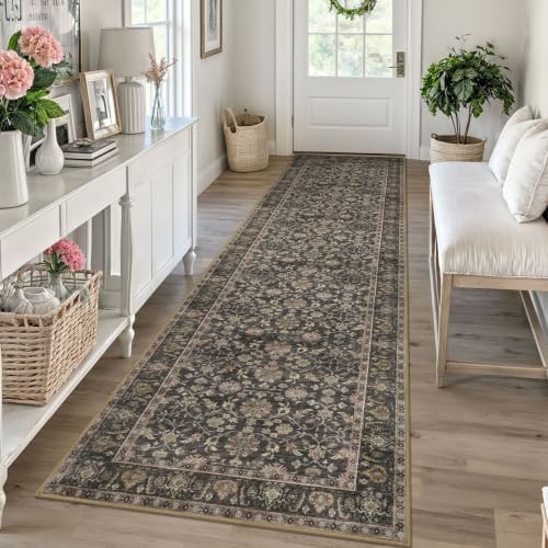 KUTA Vintage Floral Washable Runner Rug 2.6x10 Brown Runners for Hallways by KUTA