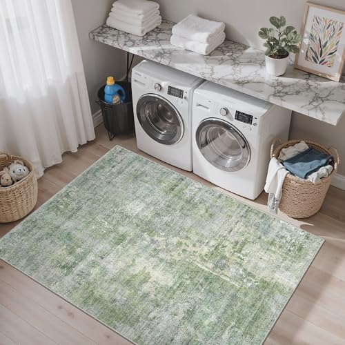 Soalmost Abstract 3x5 Rugs, Small Kitchen Entryway Area Rug Green/Ivory - Image 2