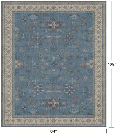 Boho 7x9 Living Room Rugs - Modern Dark Blue Dining Room Rug for Under Table, Lightweight Washable Foldable Low Pile Carpet, Eclectic Floral Bedroom Décor Aesthetic - Image 2