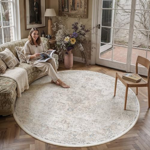 HUGEAR Beige Round Rugs 8x8 Washable Rug Indoor Carpet - Image 2