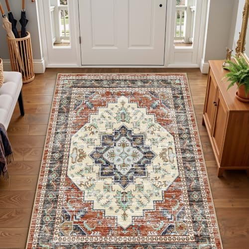 Area Rugs 3x5 Washable Non-Slip Boho Indoor Carpets, Taupe Red