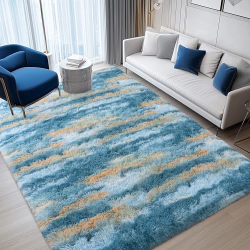 8x10 Abstract Blue Fluffy Rug for Bedroom Living Room Washable Non-Slip - Image 3