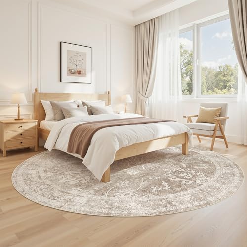 Madane Washable Round Rug 8ft for Living Room, Soft Neutral Rug Brown/Sand - Image 3
