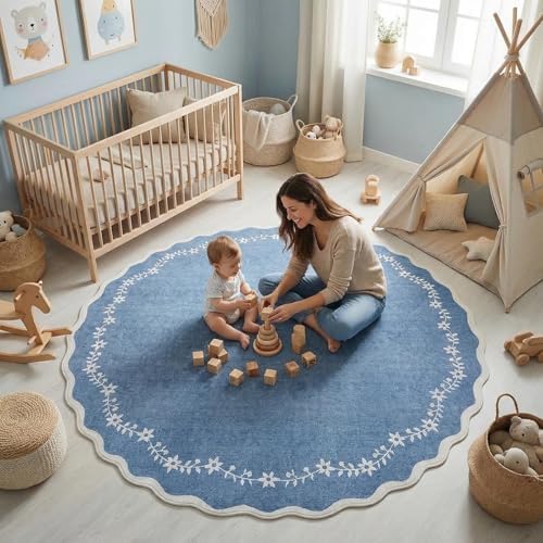GarveeHome Round Area Rug 5ft Scalloped Washable Circle Rug for Bedroom - Image 3