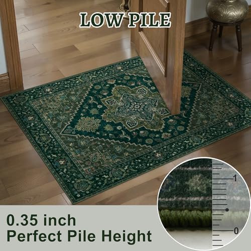 Tangsoo Dark Green 2x3 Small Rugs for Entryway, Washable Vintage Non Slip Oriental Rug, Indoor Front Door Rug, Print Door Mat Small Carpet, Soft Low Pile Rugs for Entrance Kitchen Bedroom Home Decor - Image 3