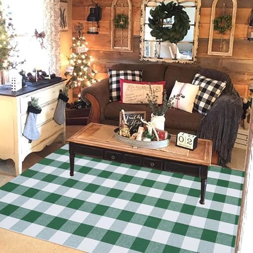 Green & White Christmas Plaid Rug, 4' x 6' Check Indoor/Outdoor Area Rug, Hello/Welcome Door Mat Layering Rug, Machine Washable Cotton Woven Rugs for Farmhouse Front Porch, Entryway - Image 6