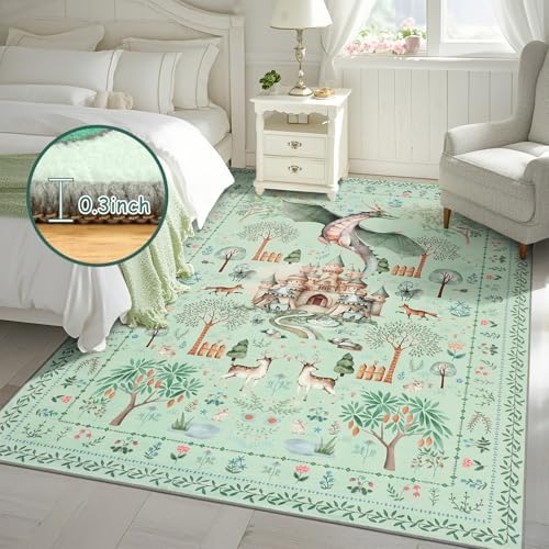 nesrt Washable Area Rugs 5x7ft Non Slip for Living Room Bedroom, Green Animal Printed Dragon Rugs, Soft Botanical Forest Nursey Playroom Floor Carpets for Dining Room Farmhouse Holiday Decor - Image 4