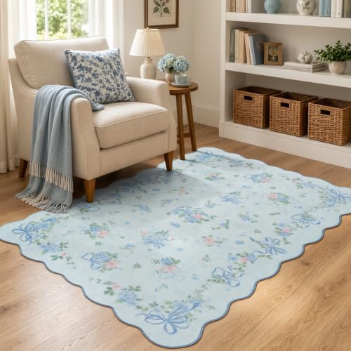 Wonnitar 4x6 Area Rug for Kids Bedroom, Washable Boho Blue Bow Floral Rug - Image 7