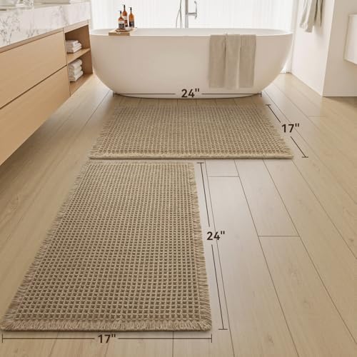 Upgraded Waffle Bath Mat Set of 2 Absorbent Non Slip Bathroom Mat 17" x 24" - Image 2