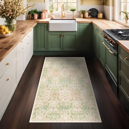 Washable Neutral Floral Living Room Rug, 3x5 Area Rugs for Bedroom, Nursery, Kitchen, Large Entryway, Vintage Non-Slip Throw Rug Low Pile Stain Resistant (3x5 Garden Green) - Image 3