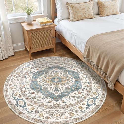 Area Rug for Living Room - 5x5 Soft Washable Oriental Vintage Floral Distressed Large Carpet - Fade Stain Resistant Non Slip Rugs for Bedroom Dining Room Nursery Dorm Office Home Decor - Blue/Beige - Image 4
