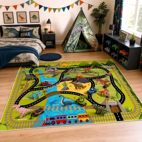 Washable Kids Rug for Playroom, 5x7 ft Faux Wool Dinosaur Rug with Road Map for Childrens, Non-Slip Car Carpet for Boys Bedroom Classroom, Soft & Non-Slip by Bildenly
