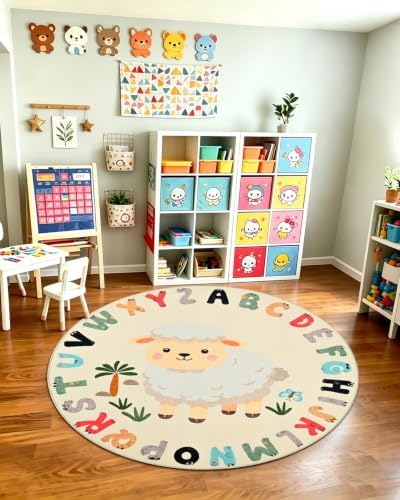 TWINNIS Kids Animal Print Round Rug for Playroom, Alphabet Washable Area Rugs for Boy Girl Baby Toddler Children, 5x5 Cute ABC Mat Play Carpet Nursery Bedroom Decor, Sheep - Image 3