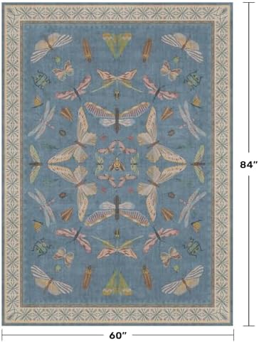 Hazo Haus 6x9 Blue Floral Rug for Dining Room Table - Area Rugs for Living Room, Bedroom, Insect Moth Art Nouveau Décor, Washable Lightweight Foldable Non Slip - Image 2