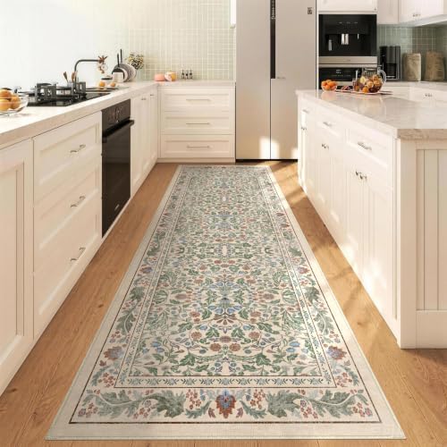 2.6x8 Runner Rug for Hallway, Washable Kitchen Runner Non Slip, Soft Low Pile Entryway Carpet, Vintage Floral Stain Resistant Long Laundry Room Rugs for Bedroom, Stairs, Beige - Image 2
