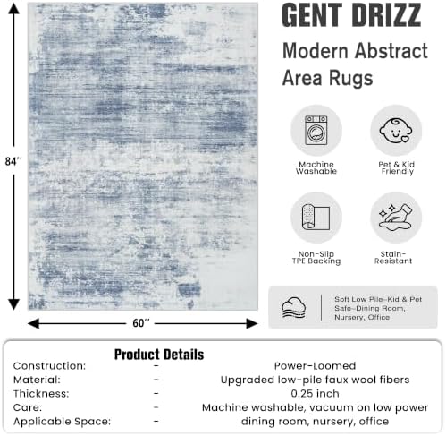 5x7 Area Rugs for Living Room: Washable Abstract Blue White Bedroom Carpet - Image 2