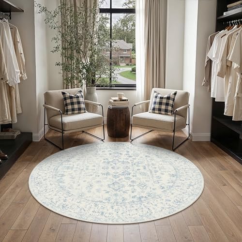 PureCozy Blue 3x3 Round Area Rug Vintage Washable Carpet Non Slip by PureCozy