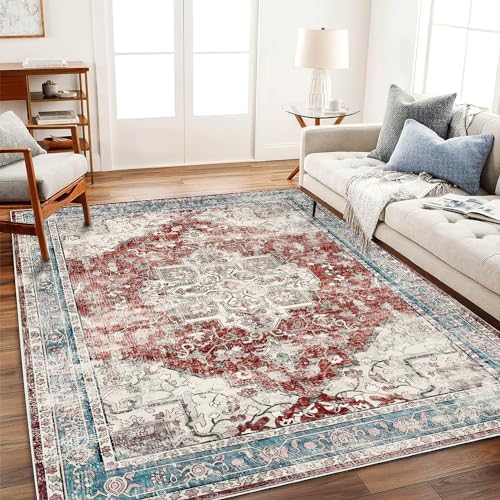 CHAMPLANT Area Rug 6'x9' Washable Red Blue Rug Vintage Traditional Floor Cover Retro Kitchen Indoor Distressed Non Slip Carpet Floral Print Mat Living Room Bedroom Dining Room by CHAMPLANT