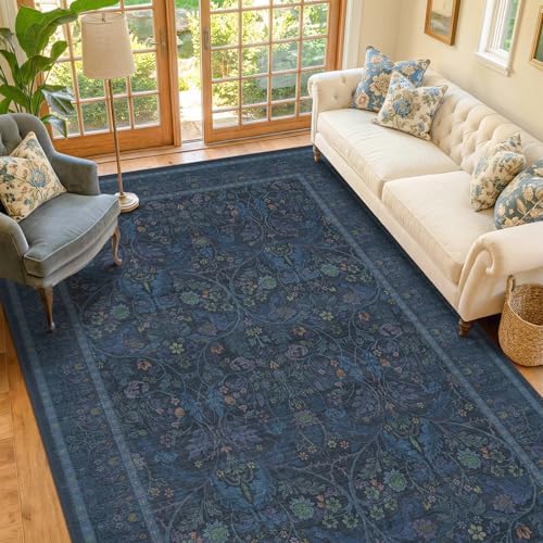 Washable Dark Blue 5x7 Living Room Area Rug - Small Dining Room Rugs for Under Table, Non Skid & Low Pile Bedroom Carpet, Thin Nature Botanical Pattern Mats (Navy Blue) by Evyhood
