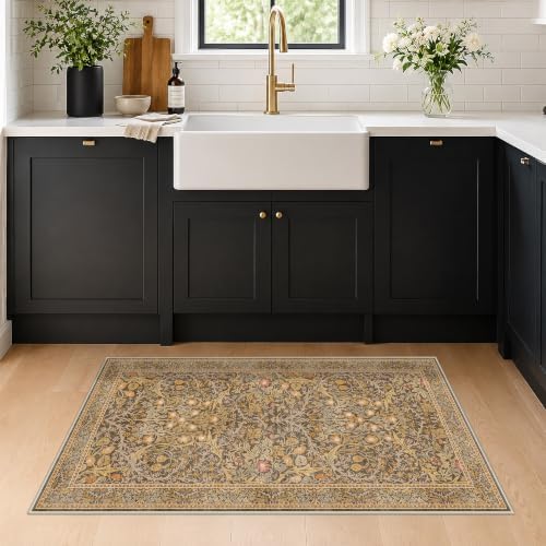 Brown Washable 2x4 Runner Rug Non Slip - Vintage Floral Small Rug for Kitchen, Bathroom, Front Door Rugs Indoor, Boho Gold Entryway Décor by HazoHaus