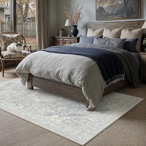 PureCozy Blue Area Rug 6x9 Living Room Vintage Floral Non-Slip Carpet - Image 3