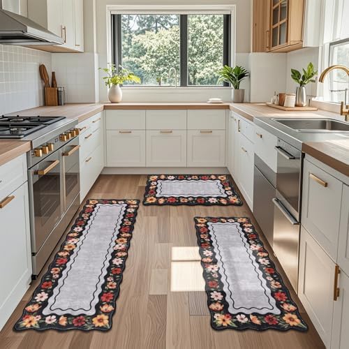 Vaukki Boho Kitchen Rug Sets of 3,Flower Black Washable Kitchen Floor Mat - Image 7