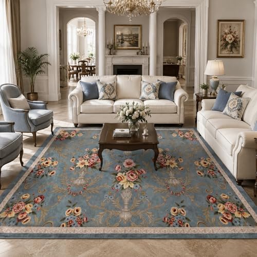 Helthep 5 * 7ft Blue Floral Vintage Washable Area Rug for Living Room by Helthep