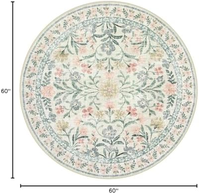 Wonnitar Round Washable Rug, Soft Floral Round Rugs 5ft Circle Carpets for Bedroom Ultra-Thin, Boho Beige Print Distressed Circular Carpet for Living Room Dorm Bedside - Image 2