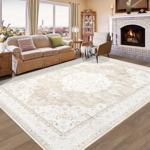 Vintage Living Room Area Rug - 6x9 Large Machine Washable Boho Moroccan Rug Distressed Farmhouse Rugs for Bedroom - Soft Non-Slip Indoor Carpet for Dining Room Office Nursery(Boho Beige, 6'x9') by AOYAOMI