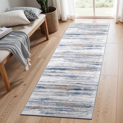 2x5 Washable Runner Rug for Family: Easy-to-Clean Runners for Hallway Entryway Bedroom - Stain and Water Resistant Rugs with Non-Slip Backing - Soft Low-Pile Carpet Navy Grey by WIEVEDENS