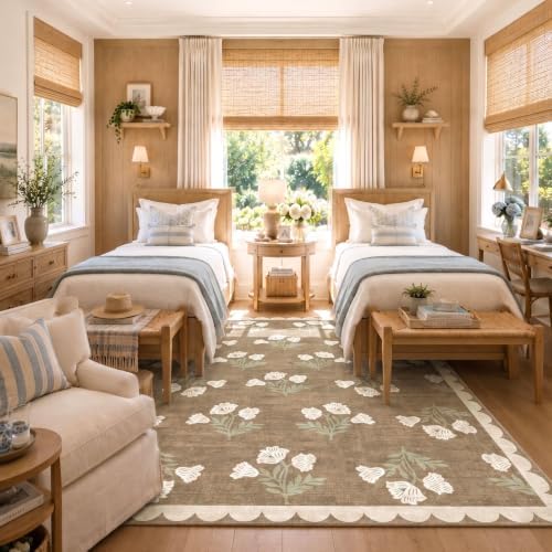 Boho 5x7 Living Room Rug - Tan Floral Scalloped Bedroom Area Rug - Image 5