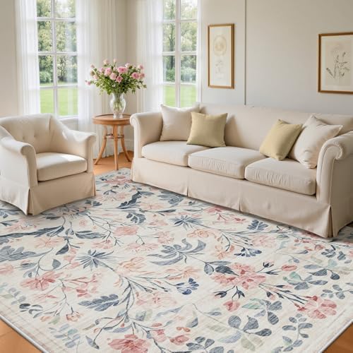 8x10 Area Rugs Boho Floral Washable Living Room Rug Neutral Carpet Bedroom - Image 2