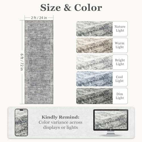 Grey 2x6 Runner Rug for Hallways Entryway, Vintage Neutral Kitchen Bathroom Runner 6ft, Non Slip Washable Low Pile Thin Carpet Runner for Mudroom/Laundry Room/Bedroom Bedside - Image 2