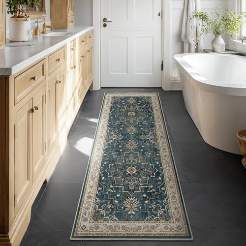 Farmhouse Entryway Rugs 2x6, Low Pile Kitchen Runners Washable Non Slip, Distressed Medallion Printed Carpet Runners for Hallway/Bathroom/Bedroom Bedside/Laundry Room, Deep Blue/Multi - Image 4