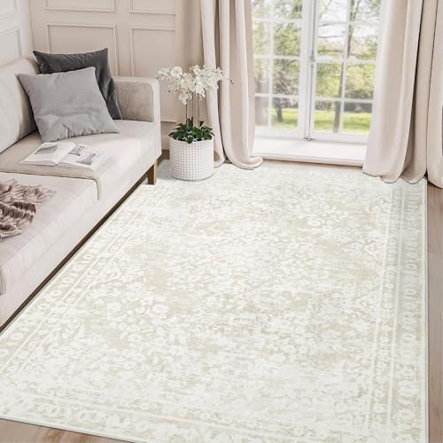 Area Rug 4x6 Entryway Rugs - Machine Washable Vintage Boho Area Rug Non-Slip Bedroom Rugs Soft Stain Resistant Living Room Carpet, Floral Distressed Rug for Dining Room Office(Cream Beige, 4'x6') by AOYAOMI