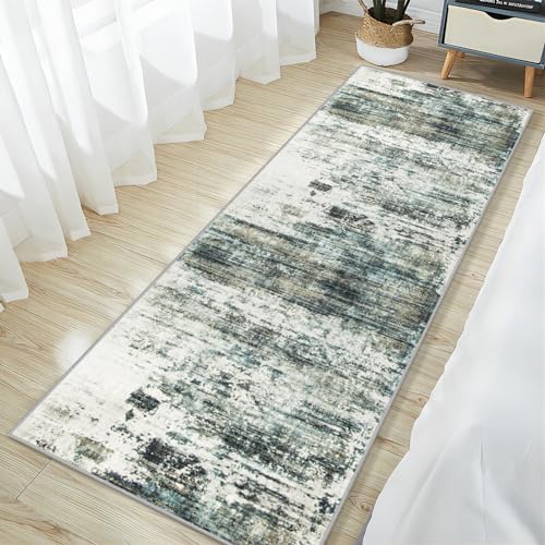 2'6''x8' Runner Rugs Washable Rug:Modern Abstract Hallway Teal Green Carpet - Image 3