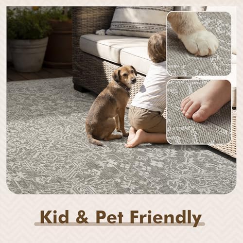 MontVoo-Outdoor Rug-Patio Rug 5x7 ft Polypropylene Indoor Outdoor Rugs Carpet for Patio Deck Balcony Porch, Textured Weave, Durable for High Traffic, Fade-Resistant, Vintage Medallion Silver Grey - Image 5