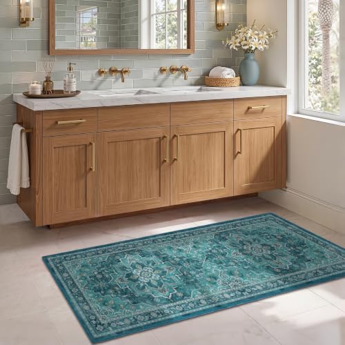 Washable Hallway Runner Rug 2'x5', Vintage Medallion, Boho Teal - Image 4