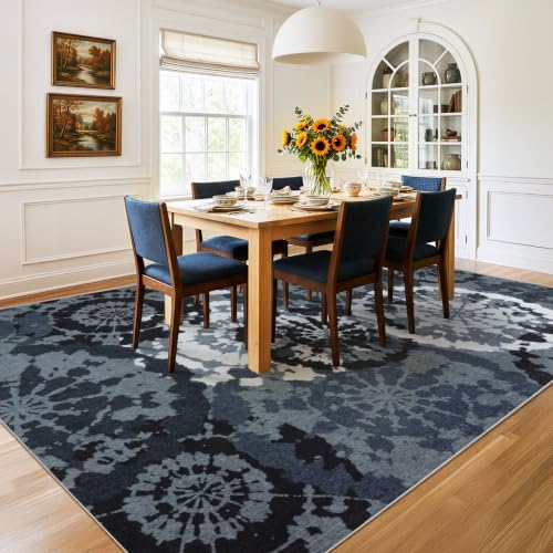 Large Boho Modern 9x12 Area Rug, Black White Low-Pile Washable Rug - Image 3