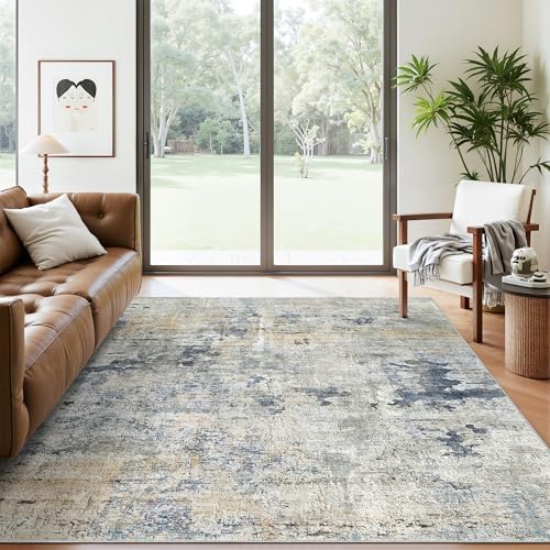 Soalmost Abstract Rug 5x7 Washable Area Rugs for Living Room, Blue/Yellow by Soalmost