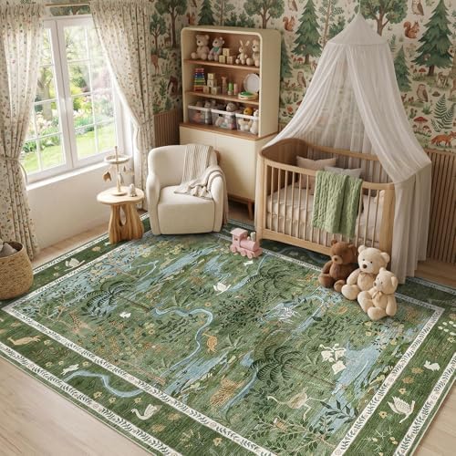 Jungle Animal Print 3x5 Washable Rug for Girls Bedroom Non Slip Green Bohemian Whimsical Small Throw Carpet Low Pile Forest Fairy Tale Area Rugs for Living Room Nursery Bedroon, Green - Image 3
