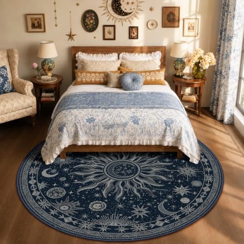 Vacuum-Friendly, Round 8ft Washable Area Rug, Blue Gray White by meejou