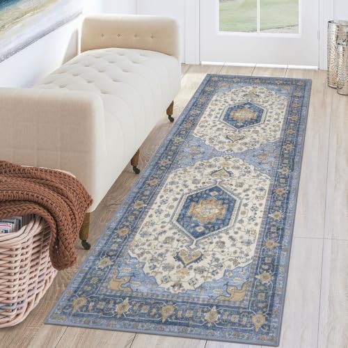 KUTA Runners for Hallways 2x6 Blue Brown Vintage Floral Washable Runner by KUTA