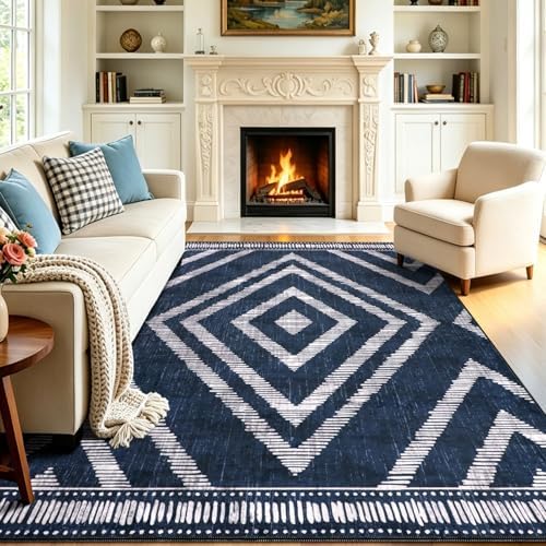 Boho Washable Rugs 6x9ft for Living Room, Navy Blue Low Pile Bedroom Area Rugs Non Slip, Moroccan Soft Kids Nusery Area Floor Carpets for Dining Room Playroom Kitchen Home Office Decor by Geanlod